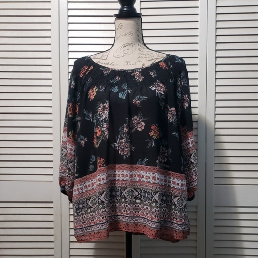 Knox Rose Semi Sheer Boho Blouse Women's XS Floral 3/4 Sleeve Smocked Neckline - Picture 1 of 9
